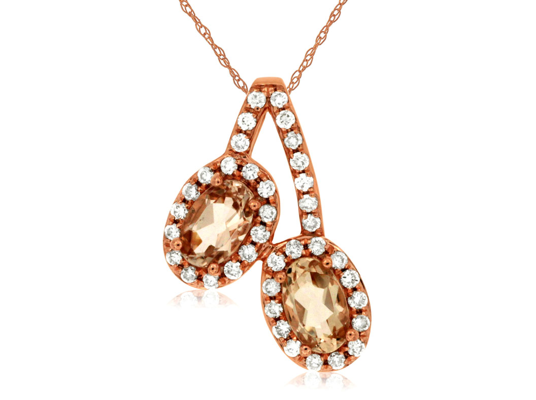 14K ROSE GOLD DOUBLE DROP PENDANT WITH .50CTTW OVAL MORGANITE AND .15CTTW ROUND I1 CLARITY & HI COLOR DIAMONDS SET IN THE BAIL AND HALOS ON A PENDANT CHAIN
