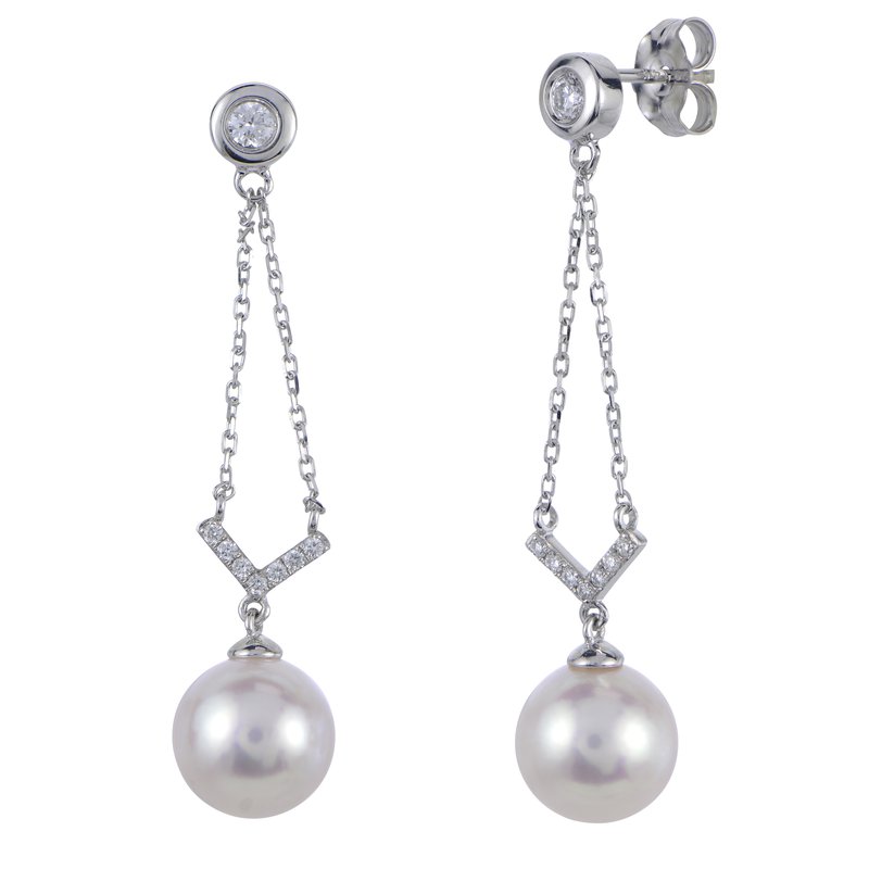 14K WHITE GOLD DOUBLE CHAIN DROP EARRINGS WITH 8-8.5MM AA AKOYA PEARLS WITH .17CTTW ROUND DIAMONDS