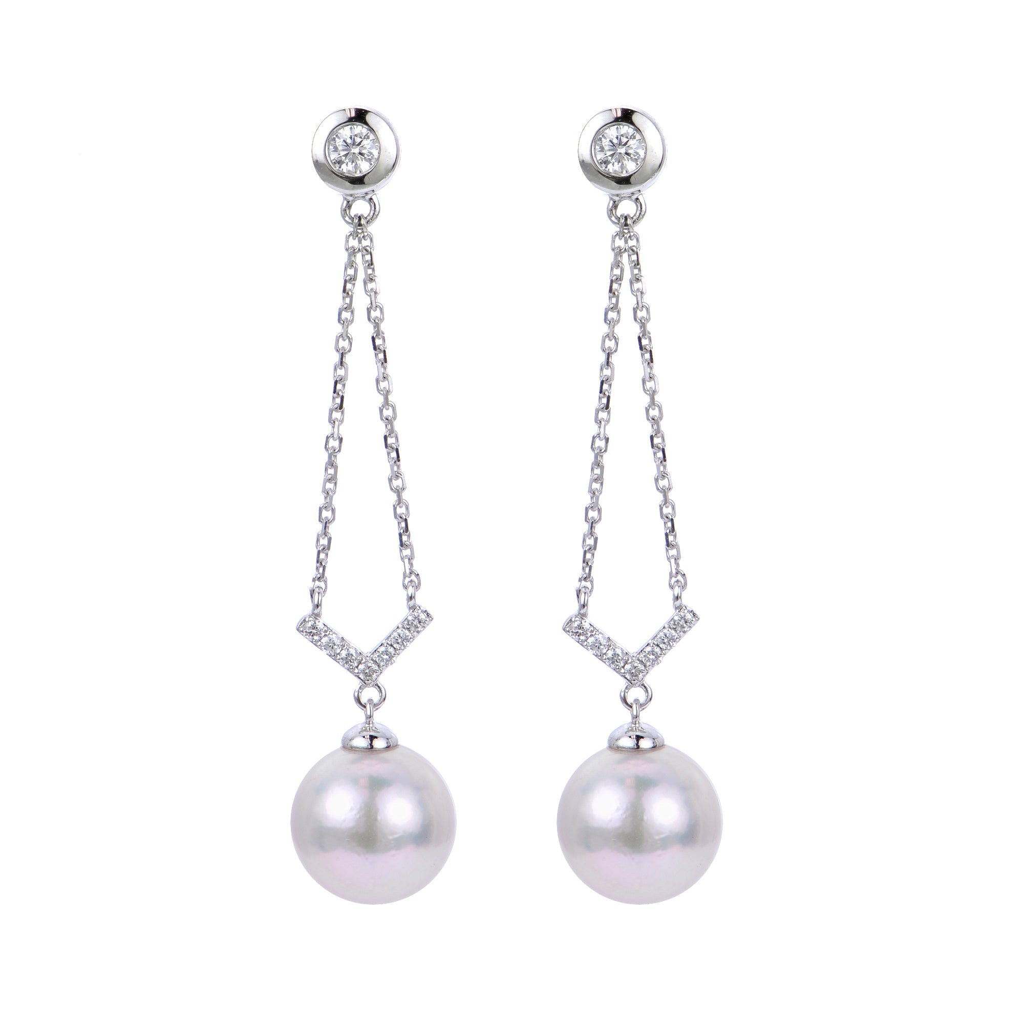 14K WHITE GOLD DOUBLE CHAIN DROP EARRINGS WITH 8-8.5MM AA AKOYA PEARLS WITH .17CTTW ROUND DIAMONDS