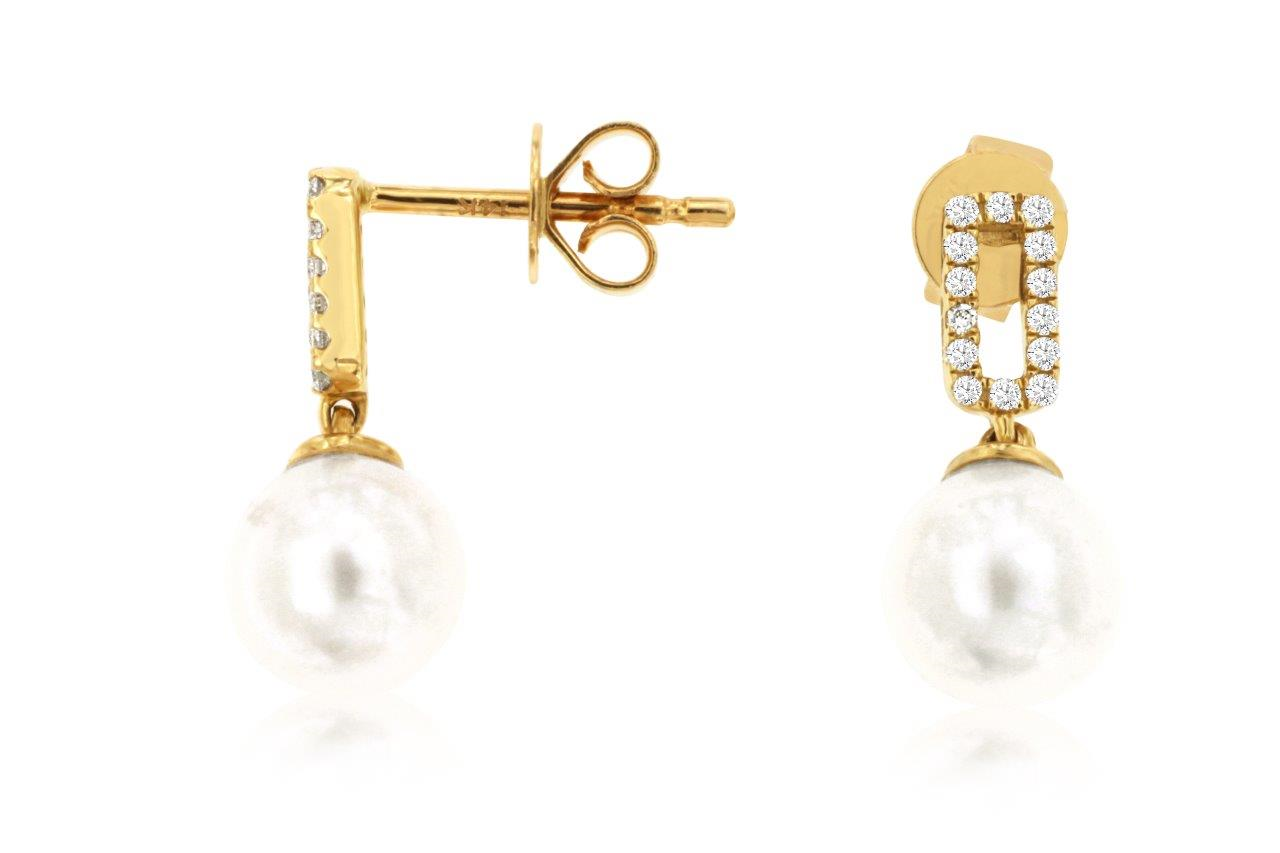 14K YELLOW GOLD .10CTTW ROUND I1 CLARITY & HI COLOR DIAMONDS SET IN THE SQUARE TOP AND PEARL DROP