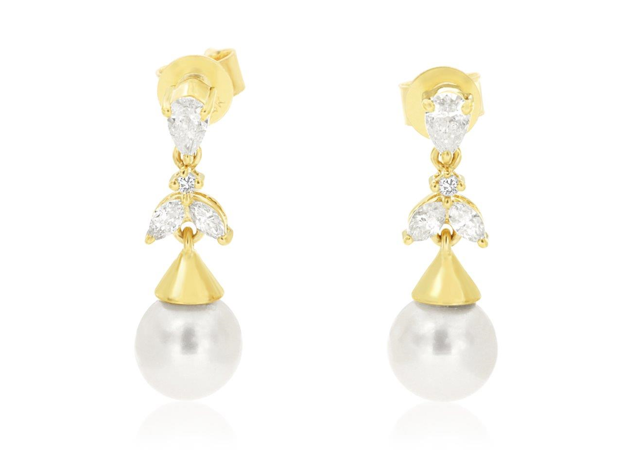 14KYELLOW GOLD DROP PEARL EARRINGS WITH .37CTTW ROUND, PEAR AND MARQUISE I1 CLARITY & HI COLOR DIAMONDS
