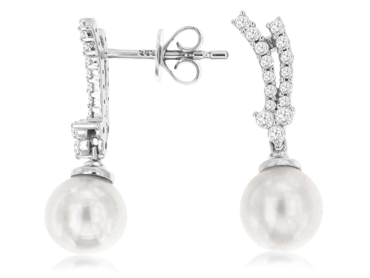 14K WHITE GOLD PEARL DROP EARRINGS WITH .29CTTW ROUND I1 CLARITY & HI COLOR DIAMONDS SET IN THE DOUBLE ROW TOP