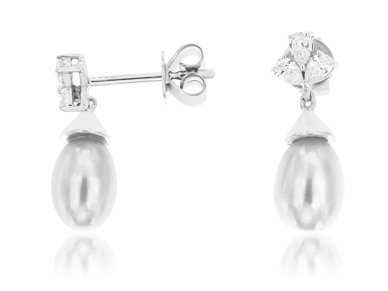 14K WHITE GOLD PEARL DROP POST EARRINGS WITH .28CTTW PEAR SHAPED I1 CLARITY & HI COLOR DIAMONDS