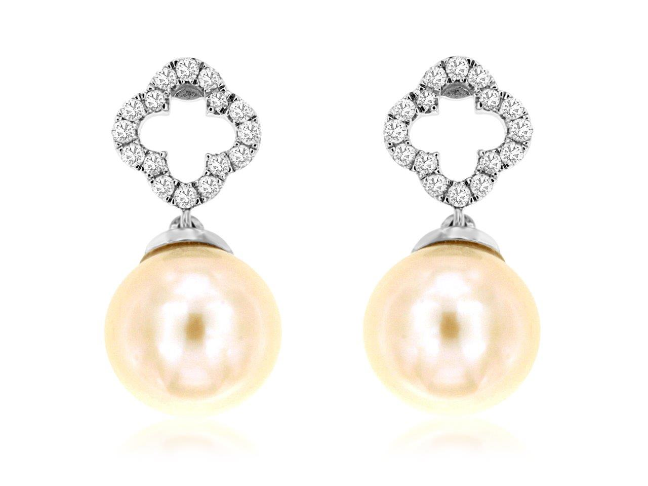 14K WHITE GOLD PEARL DROP EARRINGS WITH .15CTTW ROUND I1 CLARITY & HI COLOR DIAMOND SSET IN A CLOVER DESIGN