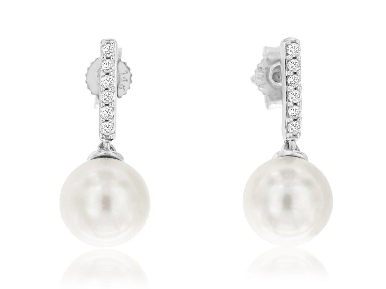 14K WHITE GOLD DROP PEARL EARRINGS WITH .10CTTW ROUND I1 CLARITY & HI COLOR DIAMONDS