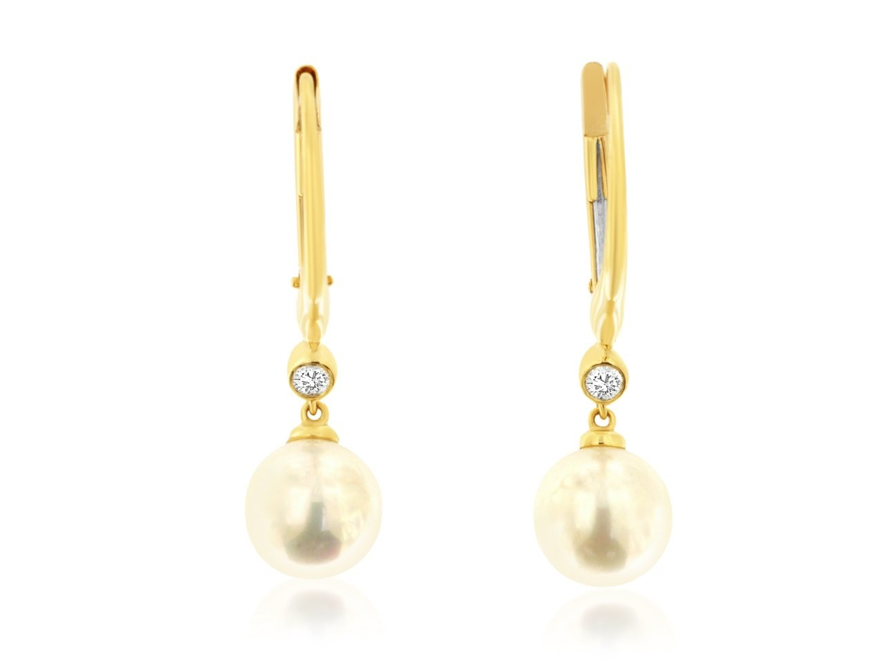 14K YELLOW GOLD LEVERBACK EARRINGS WITH PEARL DROP AND .06CTTW ROUND I1 CLARITY & HI COLOR DIAMONDS