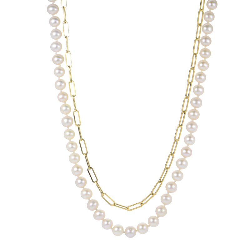 14K YELLOW GOLD 15/16 + 2" DOUBLE ROW NECKLACE WITH WHITE FRESHWATER PEARLS AND A PAPERCLIP CHAIN