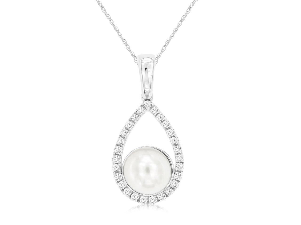 14K WHITE GOLD PEARL PENDANT SET IN AN OPEN PEAR SHAPED WITH .12CTTW ROUND I1 CLARITY & HI COLOR DIAMONDS ON A PENDANT CHAIN