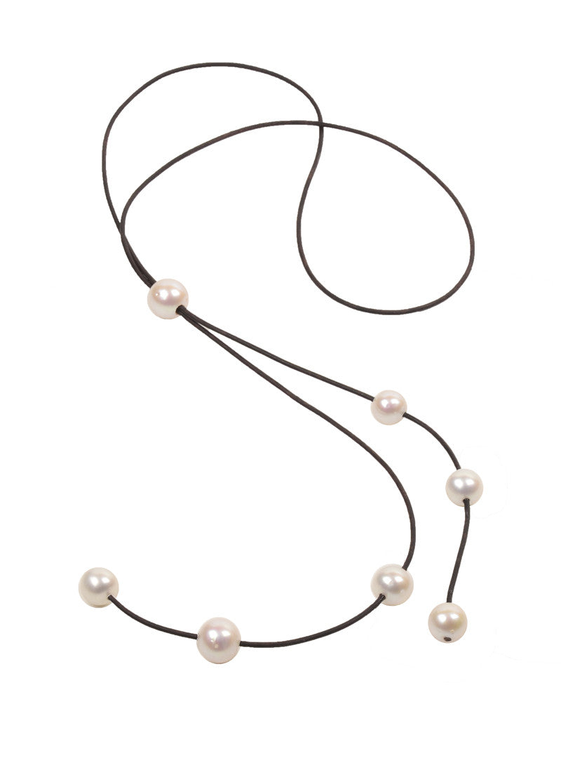 VINCENT PEACH BOLO CASCADE NECKLACE 7 & 14MM FRESHWATER PEARLS ON PREMIUM LEATHER