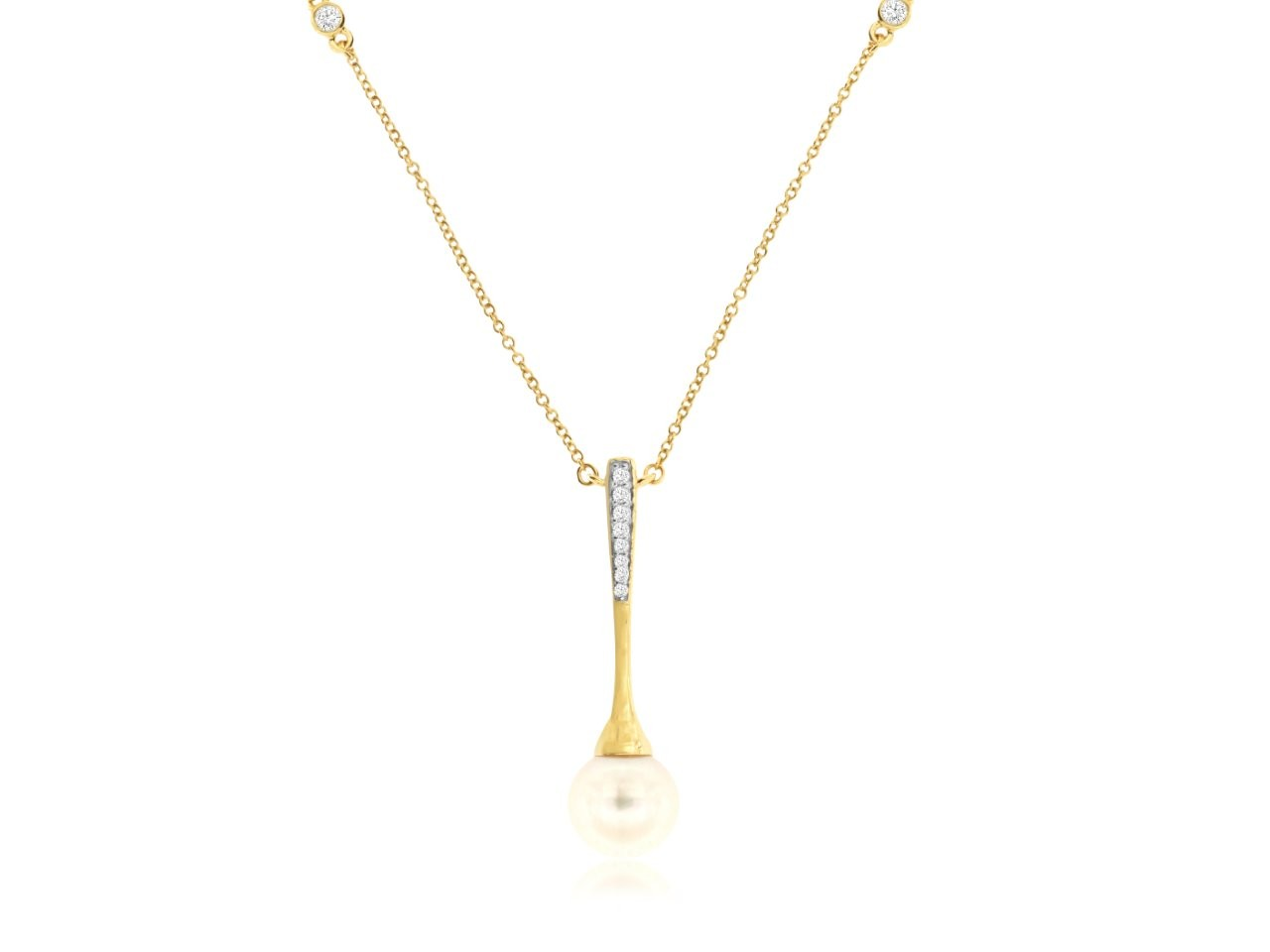 14K YELLOW GOLD BAR DROP PENDANT WITH N 8MM PEARL AND .10CTTW ROUND I1 CLARITY & H COLOR IDMAONDS SET IN THE BAR AND BEZELS IN CHAIN