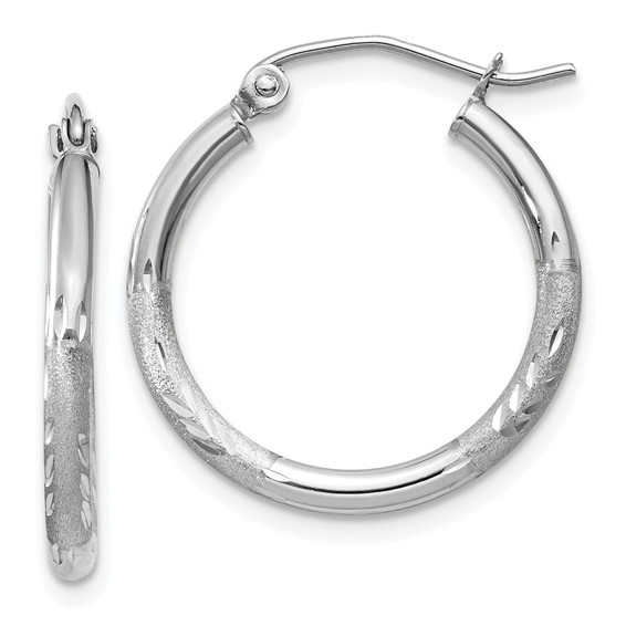 14K WHITE GOLD DIAMOND CUT SATIN AND POLISHED HOOP EARRINGS