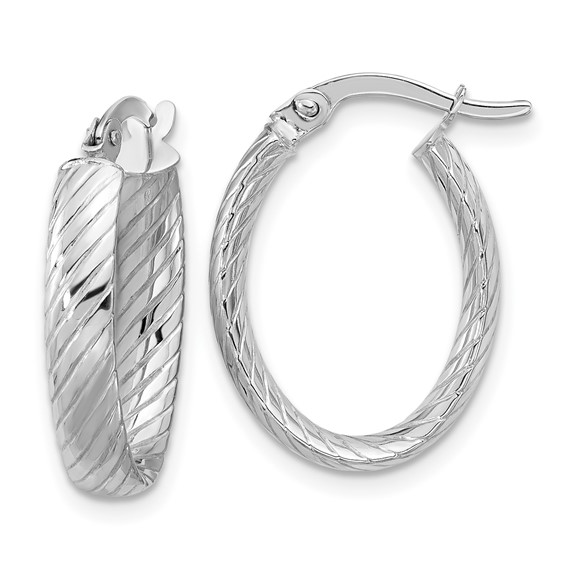 14K WHITE GOLD OVAL POLISHED HOOP EARRINGS WITH GROOVES