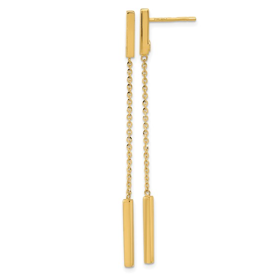 14K YELLOW GOLD BAR TOP AND DROP CHAIN POST EARRINGS