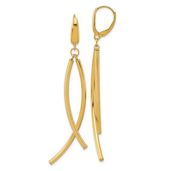 14K YELLOW GOLD POLISHED AND TEXTURE BAR DROP LEVERBACK EARRINGS