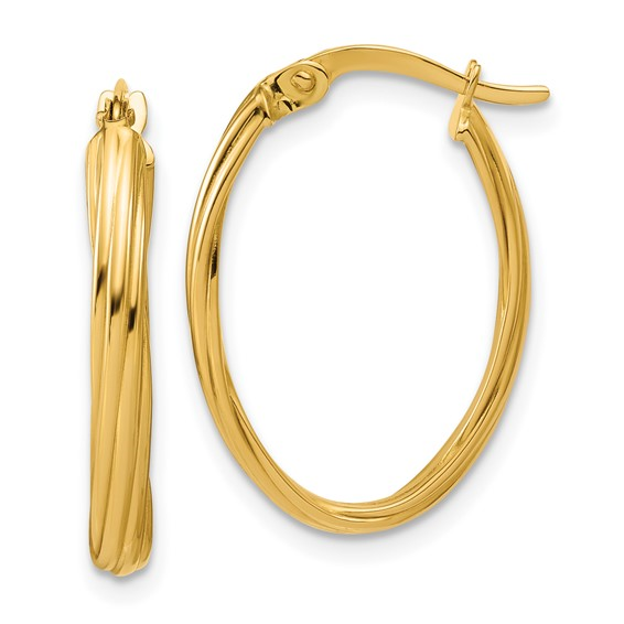 14K YELLOW GOLD POLISHED AND GROOVED OVAL HOOP EARRINGS