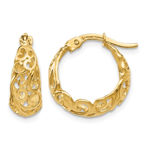 14K YELLOW GOLD TAPERED FILIGREE HOOP EARRINSG