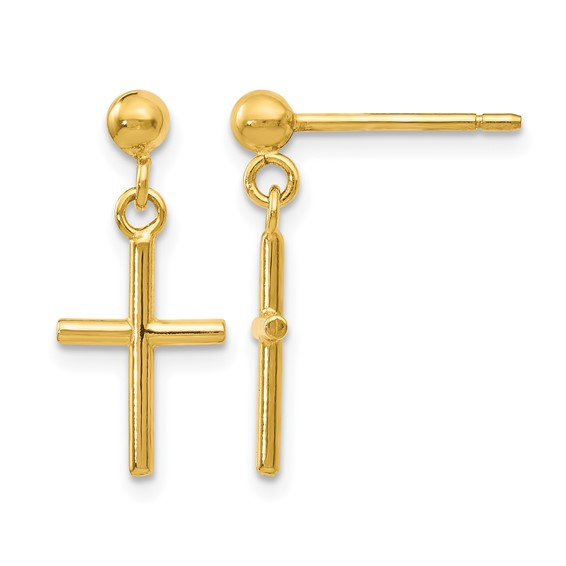 14K YELLOW GOLD POLISHED CROSS POST DROP EARRINGS