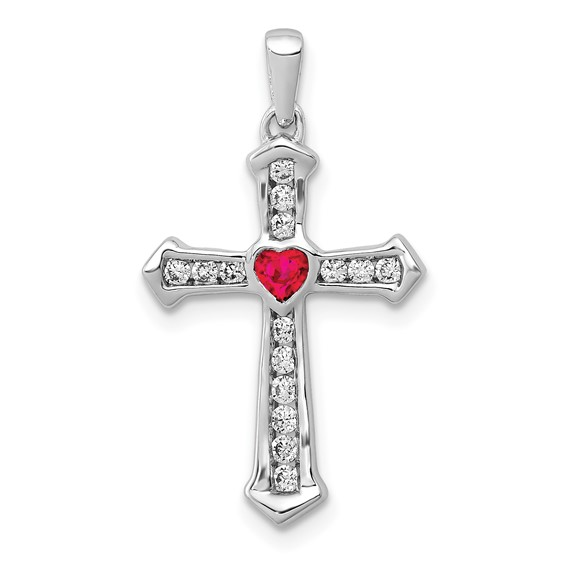 14K WHITE GOLD CROSS PENDANT WITH ROUND DIAMONDS AND A HEART SHAPED RUBY