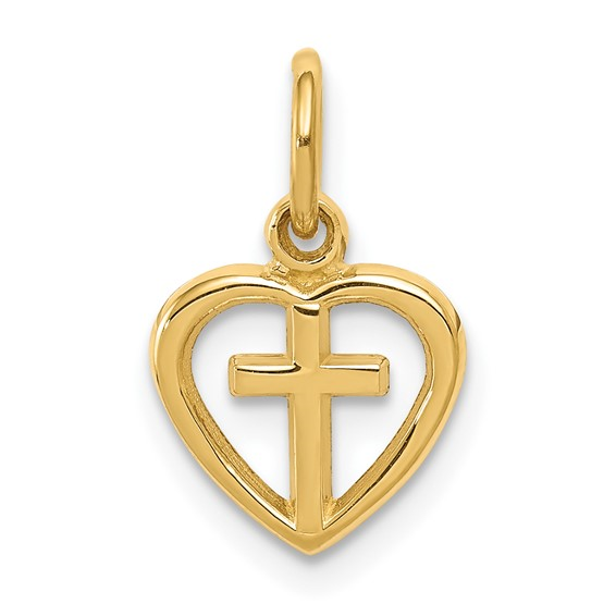 14K YELLOW GOLD POLISHED CROSS HEART CHARM