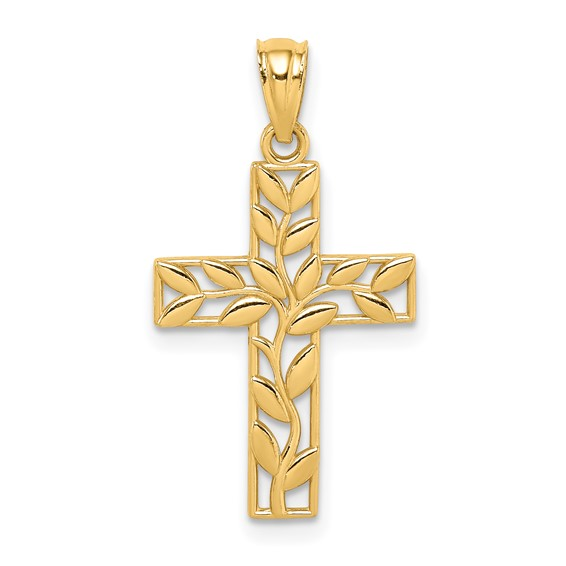 14K YELLOW GOLD POLISHED CROSS WITH LEAF DESIGN