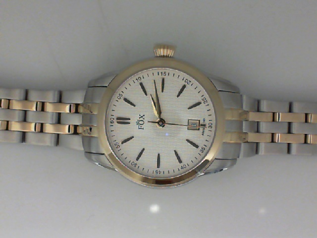 LADY'S TWO TONE CASE AND BRACELET ROUND SLVER TEXTURED DIAL FOX WATCH WITH DATE