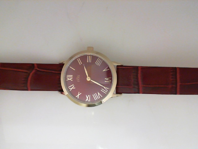 LADY'S ROUND YELLOW CASE BURGANDY ROMAN DIAL BURGANDY LEATHER STRAP FOX WATCH