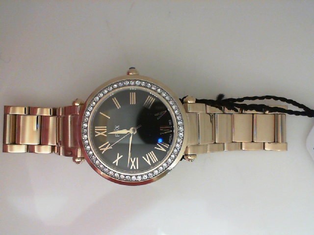 LADY'S YELLOW CASE AND BRACELET ROUND BLACK MOTHER OF PEARL ROMAN DIAL SWAROVSKI CRYSTAL BEZEL FOX WATCH