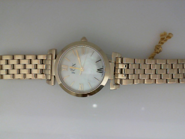 LADY'S YELLOW CASE AND BRACELET WITH A ROUND WHITE MOTHER OF PEARL ROMAN DIAL FOX WATCH