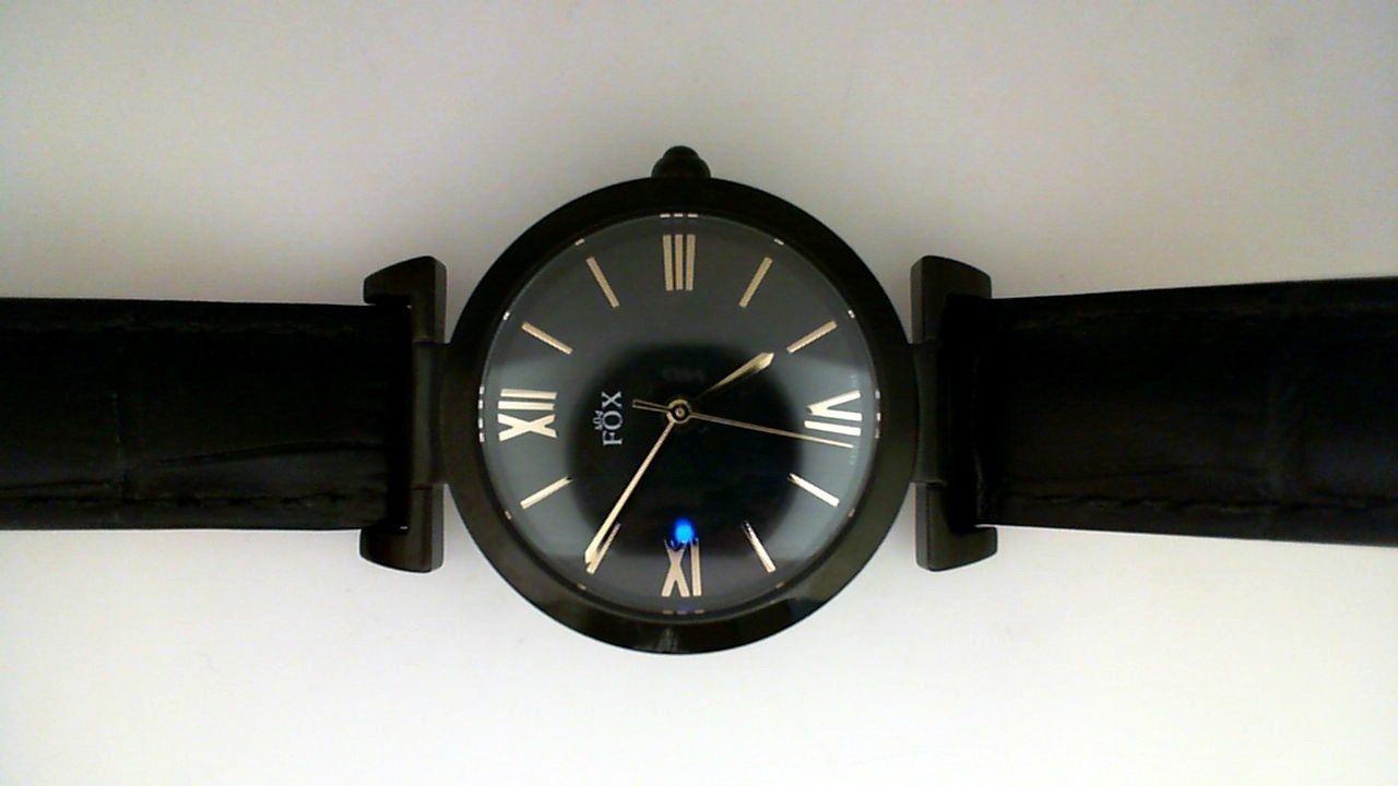 LADIES BLACK STAINLESS STEEL CASE BLACK LEATHER STRAP ROUND BLACK MOTHER OS PEARL DIAL FOX WATCH