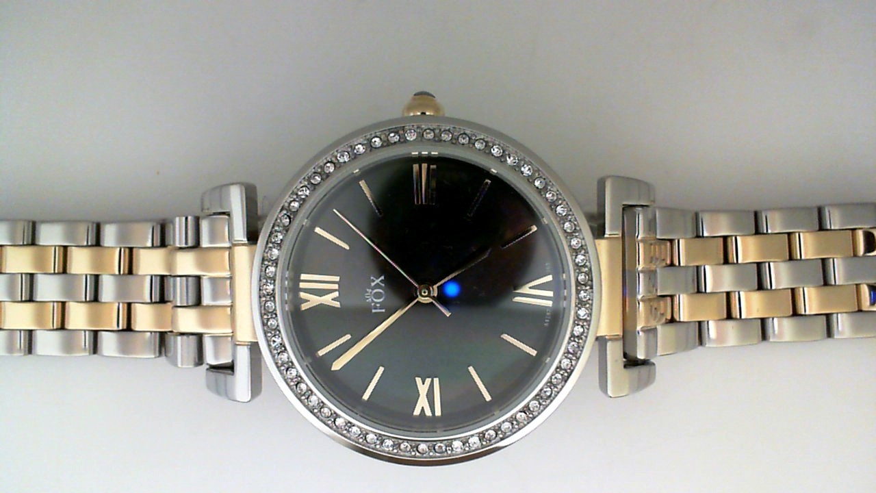 LADIES TWO TONE SWAROVSKI CRYSTAL BEZEL TWO TONE LINKED BRACELET ROUND BLACK MOTHER OF PEARL DIAL FOX WATCH