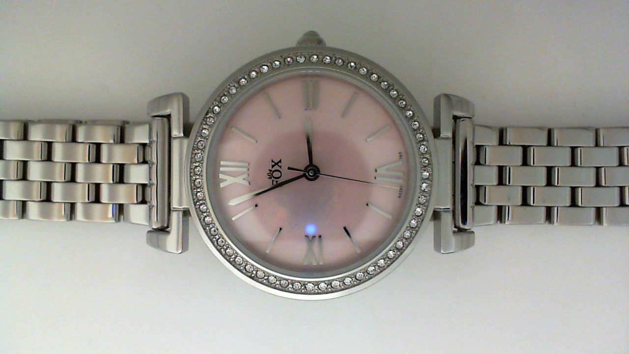 LADY'S STAINLESS STEEL CASE AND BRACELET ROUND PINK MOTHER OF PEARL DIAL DIAMOND BEZEL FOX WATCH