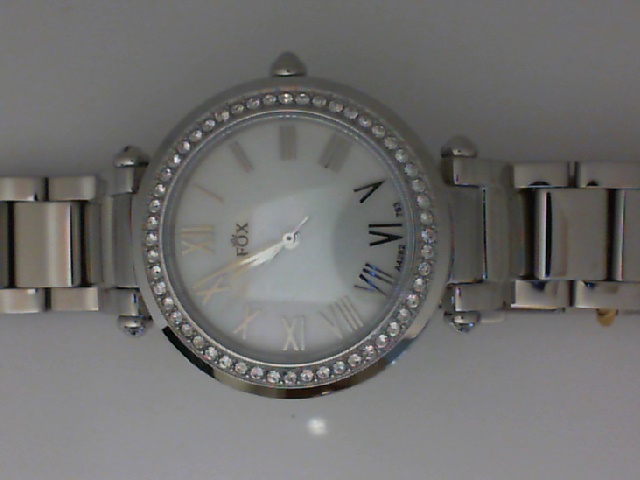 LADY'S STAINLESS STEEL CASE & BRACELET ROUND WHITE MOTHER OF PEARL ROMAN DIAL SWAROVSKI CRYSTAL BEZEL FOX WATCH