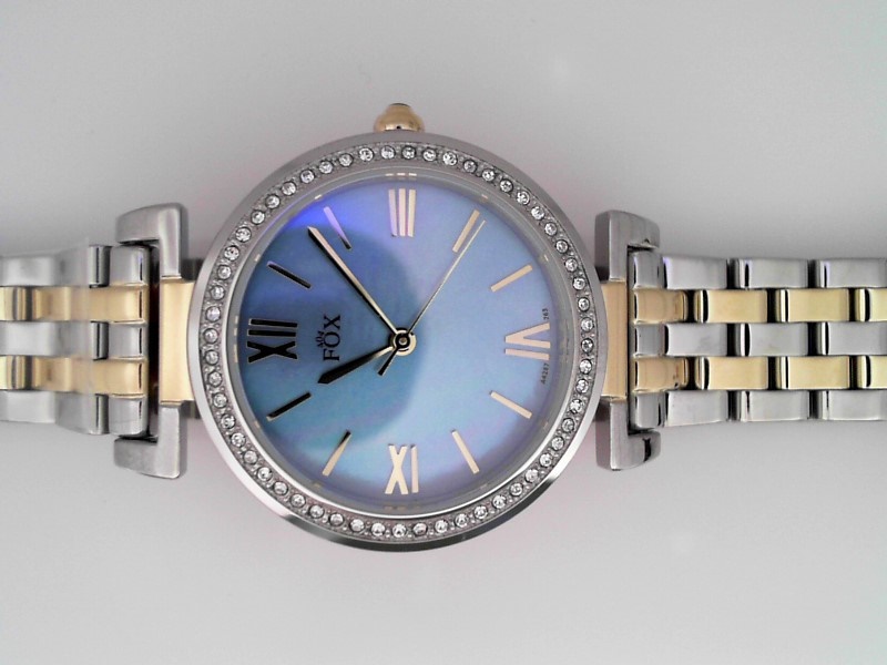 LADIES TWO TONE CASE AND BRACELET MEDIUM BLUE MOTHER OF PEARL ROMAN DIAL WITH SWAROVSKI CRYSTAL DAIL FOX WATCH