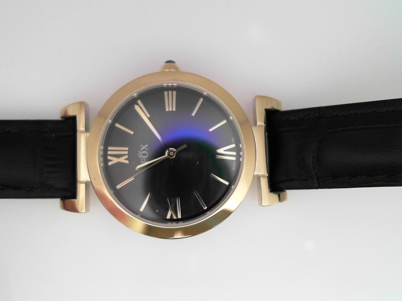 LADIES YELLOW CASE BLACK LEATHER STRAP ROUND BLACK MOTHER OF PEARL DIAL FOX WATCH