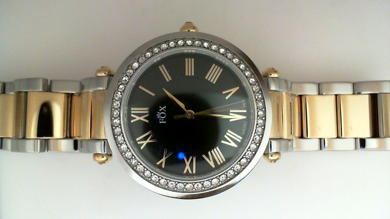 LADIES TWO TONE CASE AND BRACELET ROUND DARK MOTHER OF PEARL ROMAN DIAL WITH A SWAROVSKI CRYSTAL BEZEL FOX WATCH