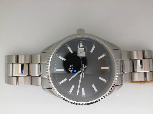 GENTS STAINLESS STEEL ROUND CASE AND THREE LINK BRACELET WITH A BLUE STICK DIAL FOX WATCH
