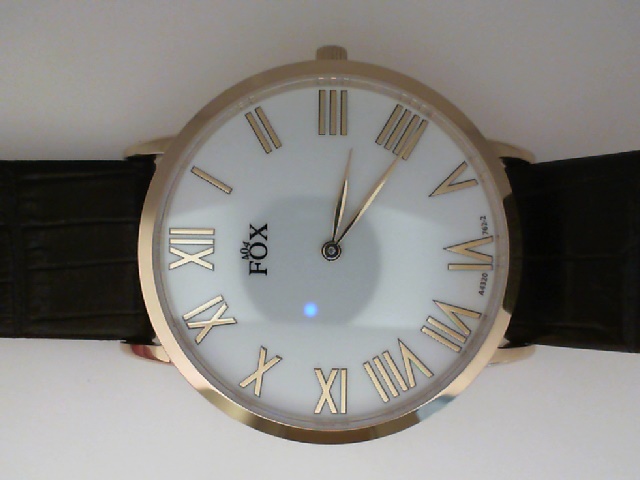 GENTS YELLOW CASE BLACK LEATHER BAND WITH A ROUND WHITE ROMAN DIAL FOX WATCH