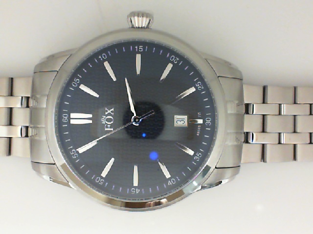 GENTS STAINLESS STEEL CASE AND BRACELET ROUND TEXTURED BLUE DIAL FOX WATCH WITH THE DATE