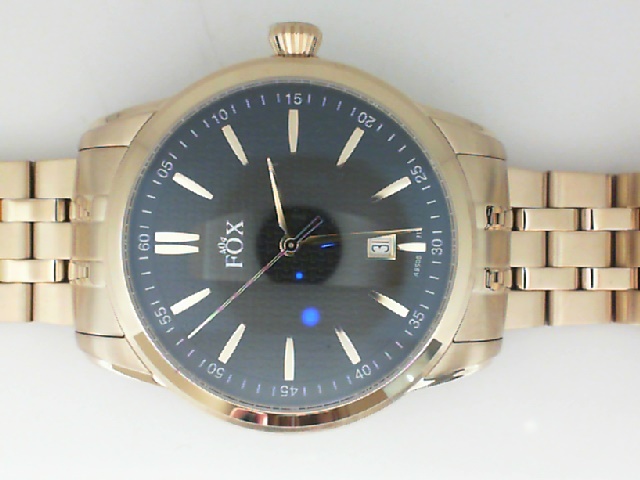 GENTS YELLOW CASE AND BRACELET ROUND TEXTURED BLACK DIAL FOX WATCH WITH THE DATE