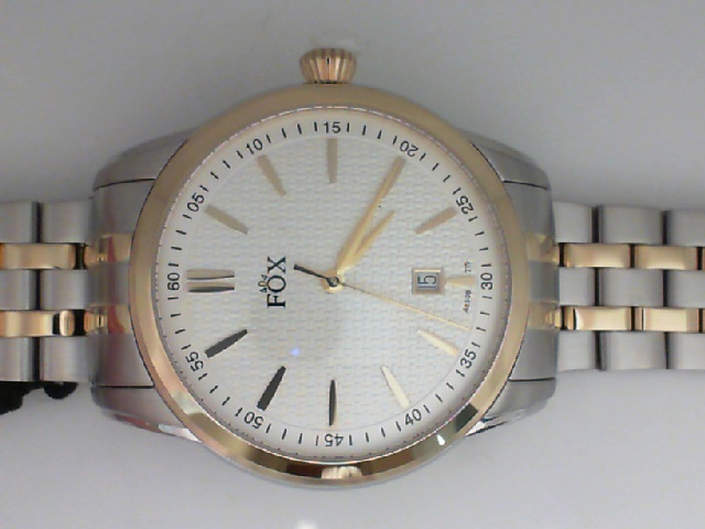 GENTS TWO TONE CASE AND FIVE LINK BRACELET WITH A ROUND TEXTURED SILVER DIAL WITH THE DATE FOX WATCH