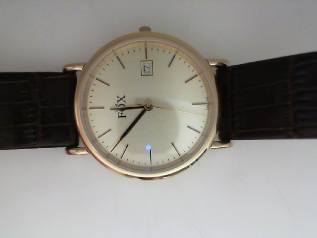 GENTS ROUND YELLOW CASE BROWN LEATHER STRAP CHAMPANGNE STICK DIAL FOX WATCH