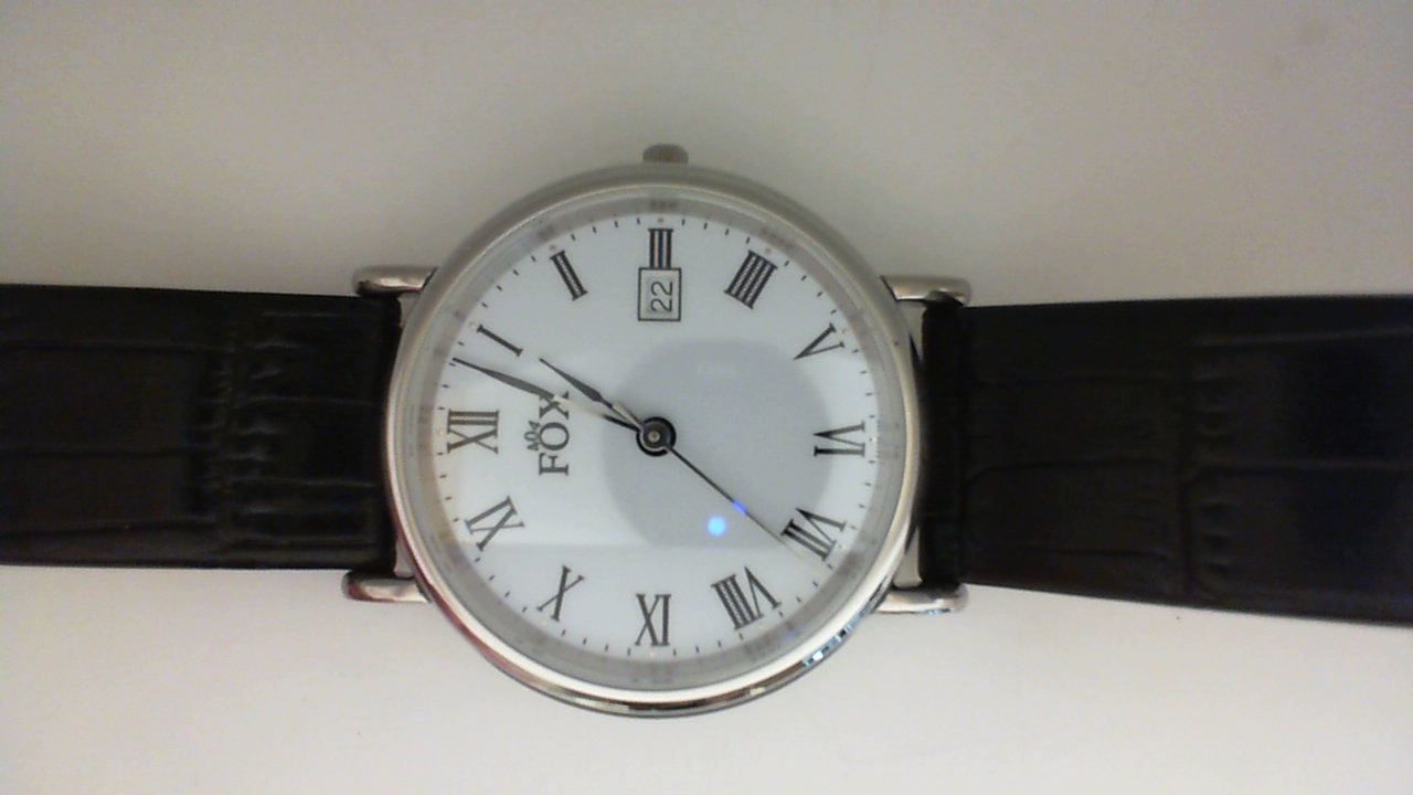 GENTS STAINLESS ROUND CASE WITH A WHITE ROMAN DIAL BLACK LEATHER STRAP FOX WATCH
