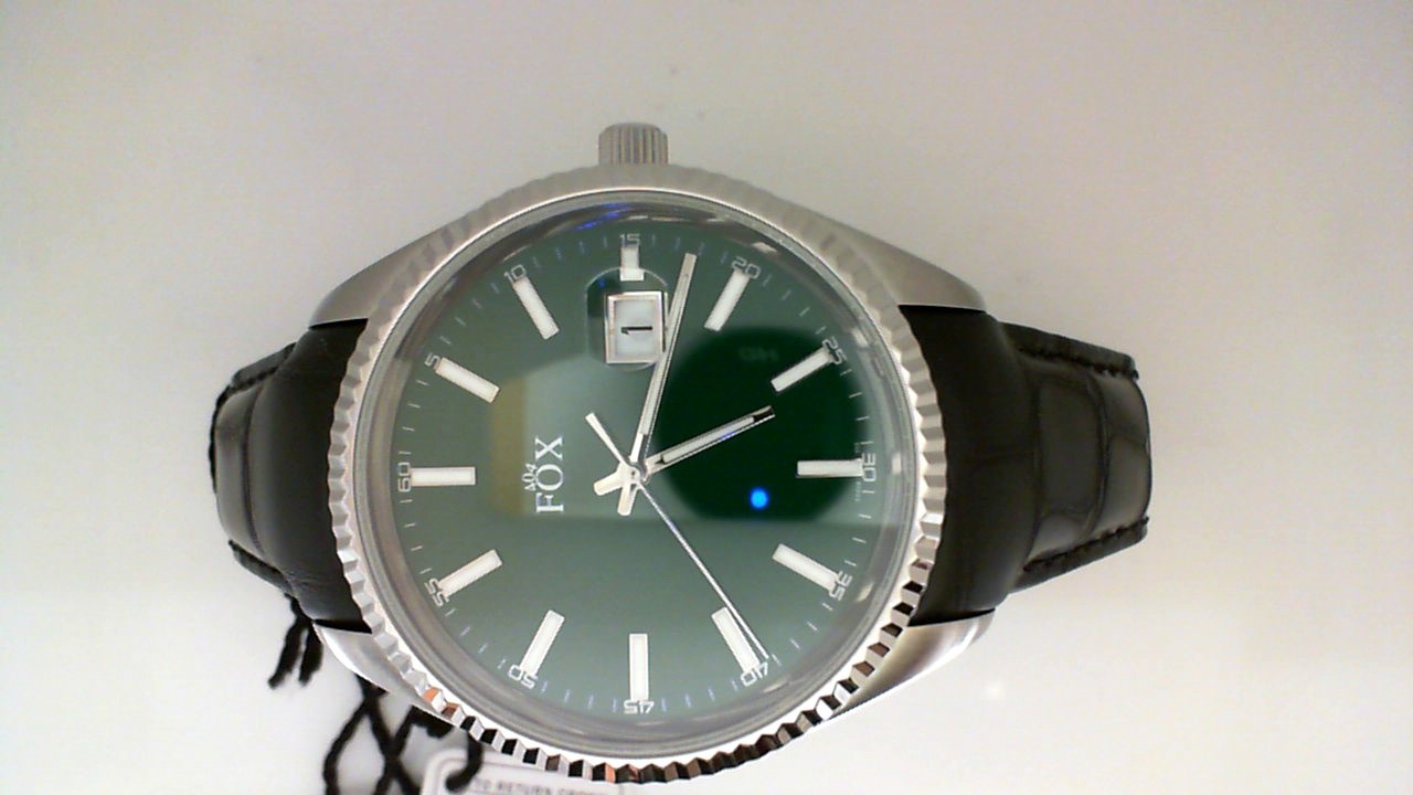 GENTS STAINLESS STEEL CASE BLACK LEATHER STRAP WITH DEPLOYMENT BUCKLE ROUND GREEN DIAL FOX WATCH