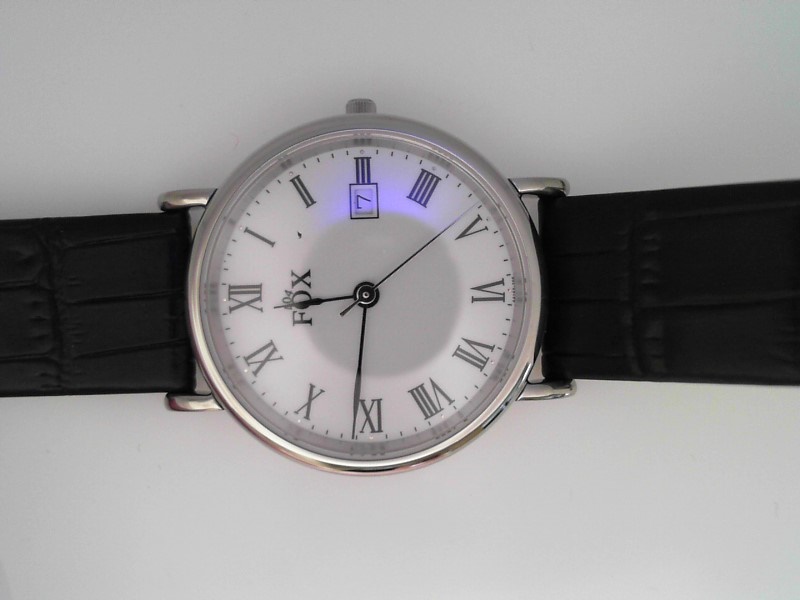 GENTS STAINLESS CASE BLACK LEATHER STRAP ROUND WHITE ROMAN DIAL FOX WATCH