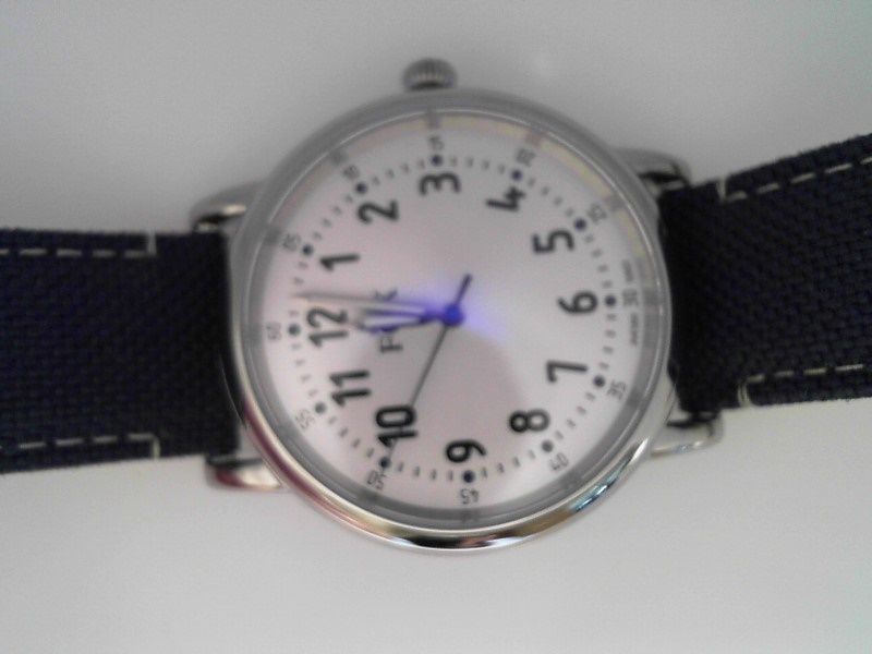 GENTS STALINESS CASE BLUE DENIM LOOK STRAP SILVER DIAL FOX WATCH