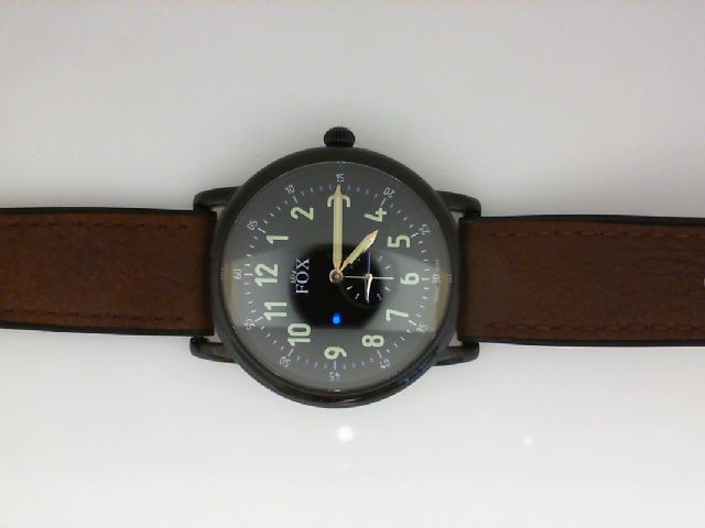 GENTS BLACK IP PLATED ROUND CASE BLACK DIAL GREY LEATHER STRAP FOX WATCH