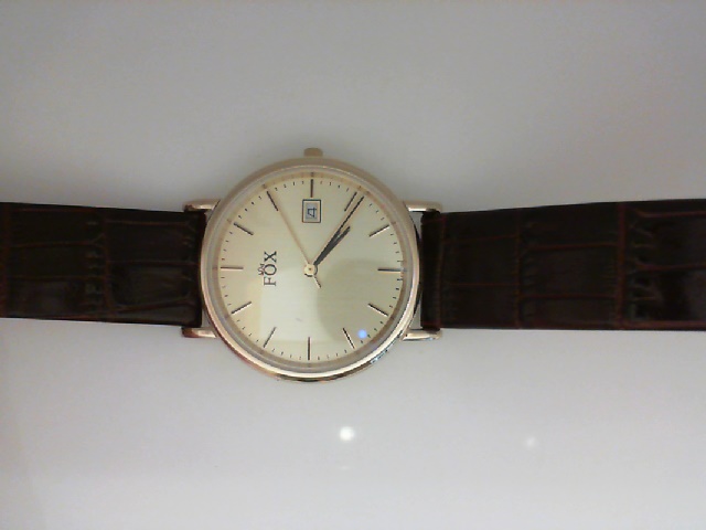 GENTS ROUND YELLOW CASE CHAMPAGNE STICK DIAL BROWN LEATHER STRAP FOX WATCH