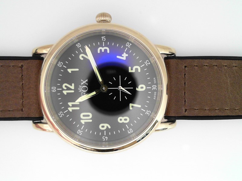 GENTS YELLOW CASE AND BROWN LEATHER RUBBER LINED STRAP ROUND BLACK DIAL FOX WATCH