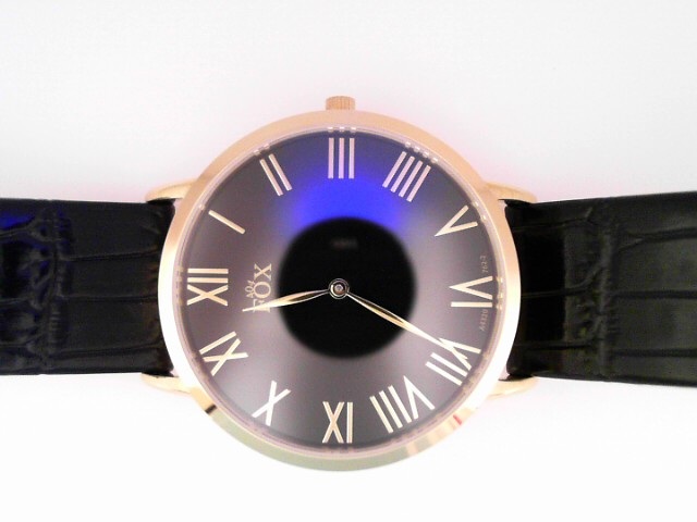 GENTS YELLOW CASE BLACK LEATHER STRAP ROUND BLACK ROMAND DIAL FOX WATCH