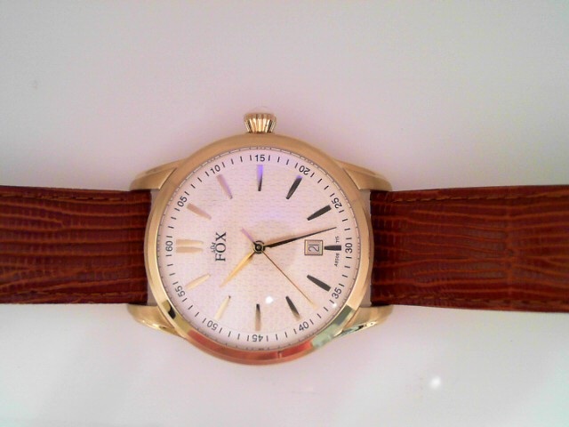 GENTS YELLOW CASE TAN LEATHER STRAP WITH DEPLOYEMENT CLASP ROUND TEXTURED SILVER DIAL FOX WATCH